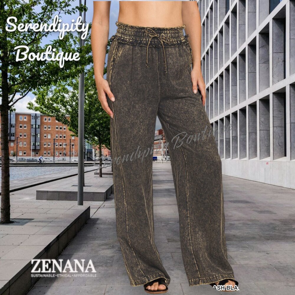 Zenana Loose Fit Wide Leg Mineral Wash Sustainable Tencel Elastic Waist Pants.